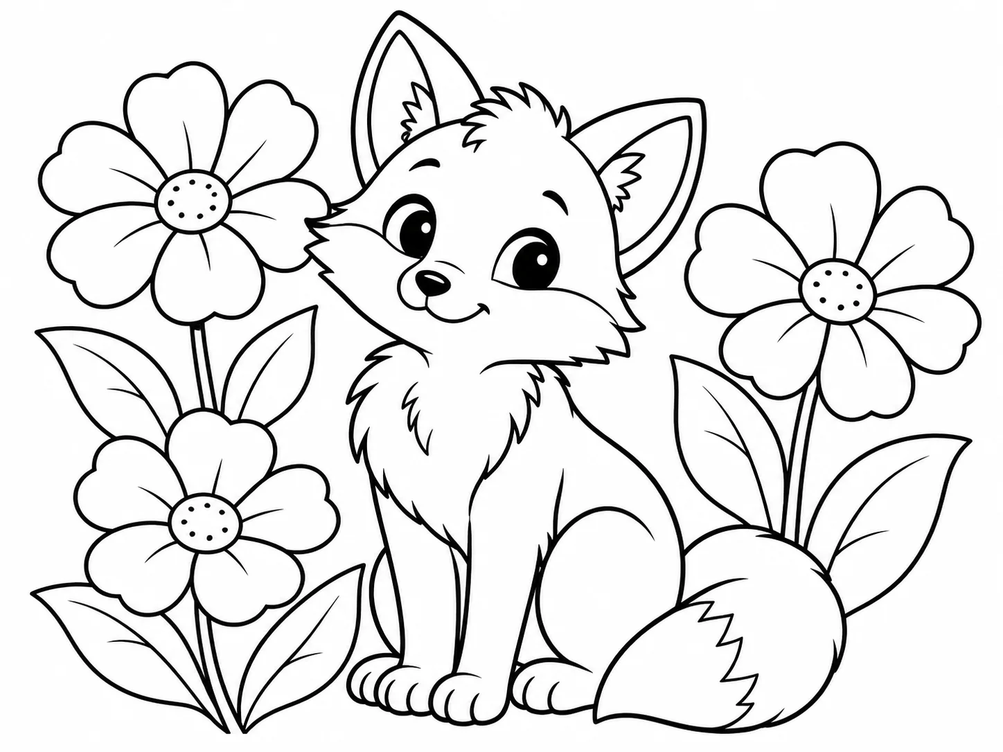 Black-line coloring illustration of a friendly fox sitting among large flowers with wide open areas and no shading