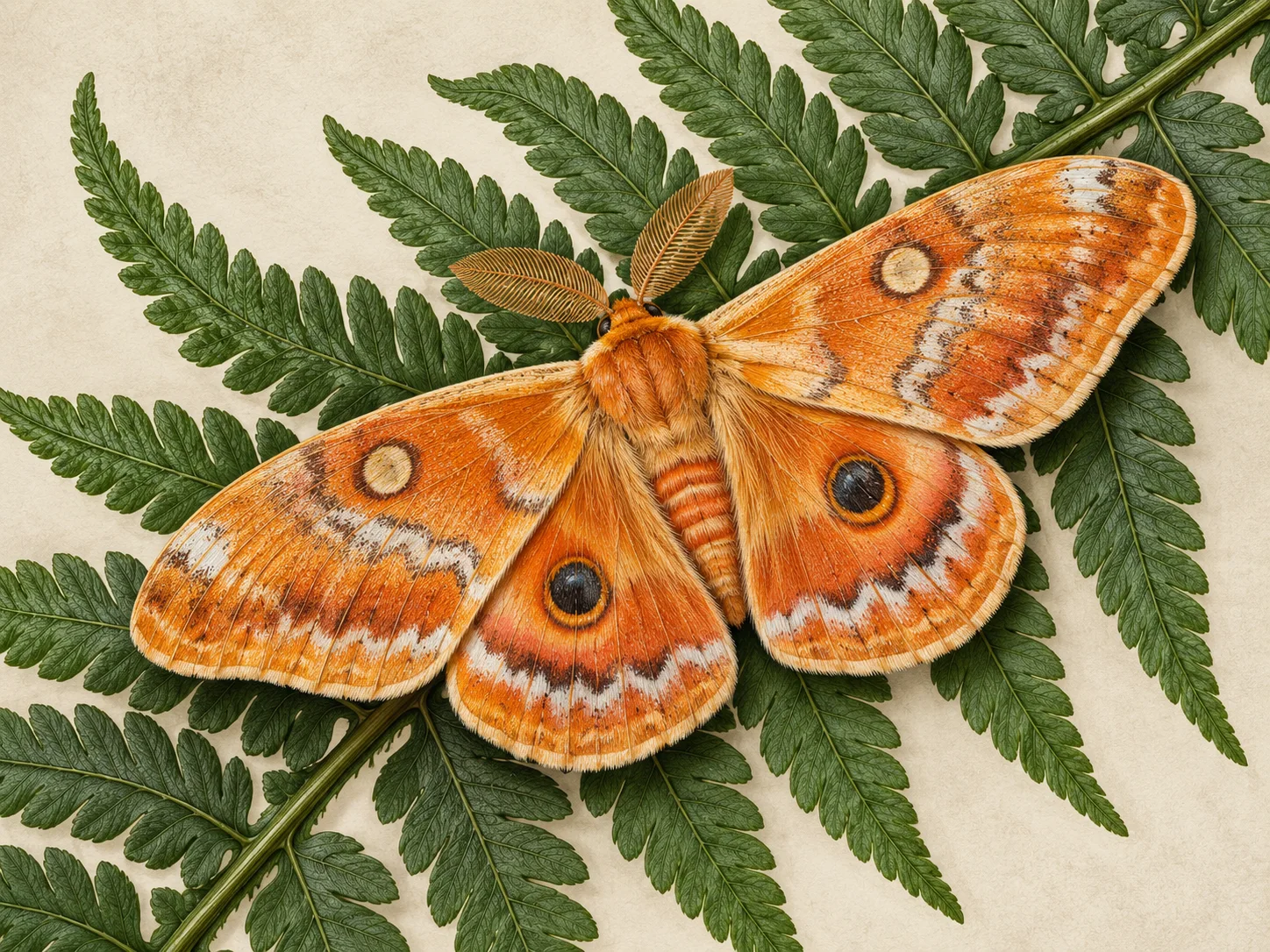 Detailed orange moth illustration resting on a fern against a green background