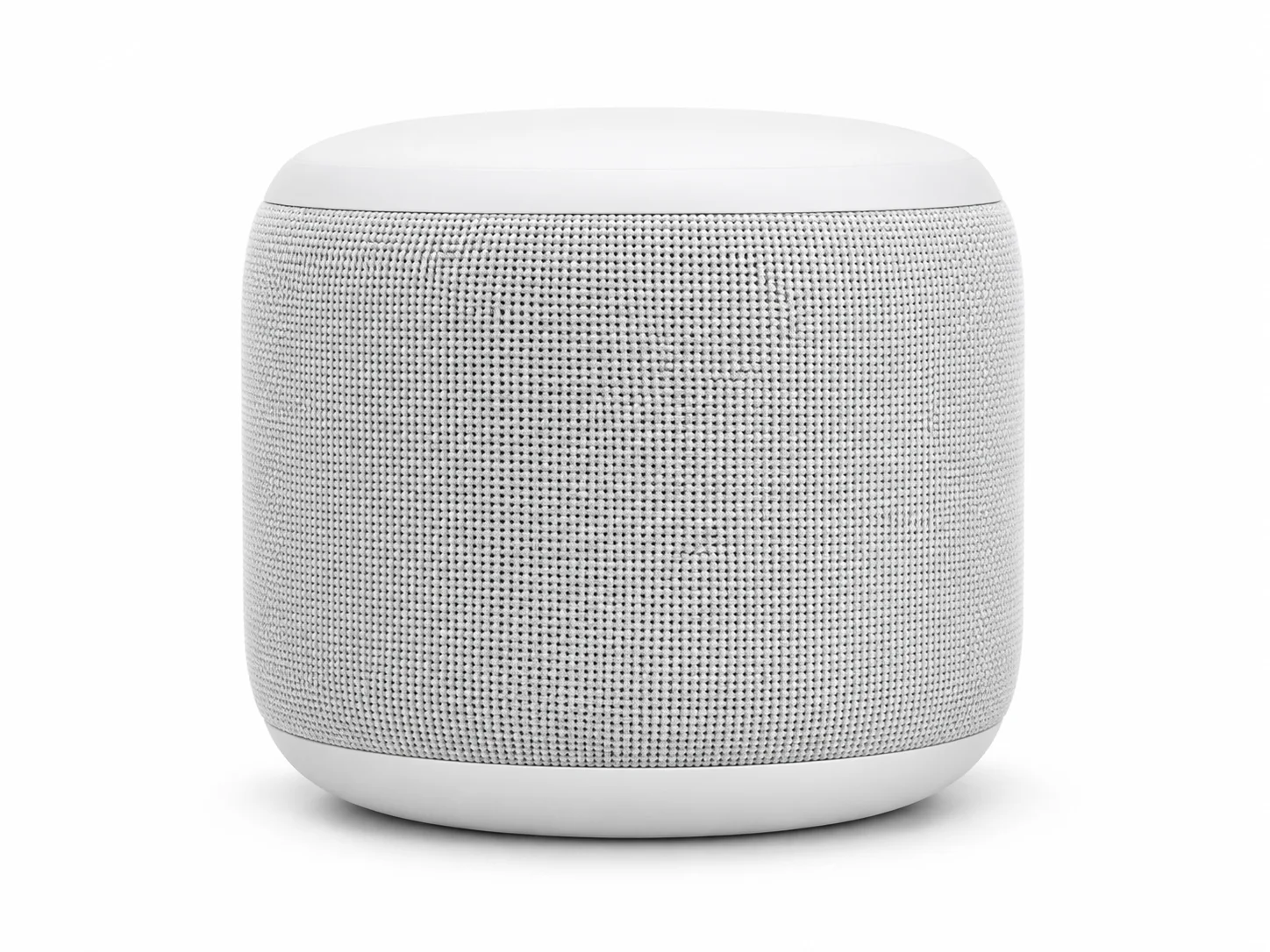 White wireless speaker isolated on a seamless white studio background