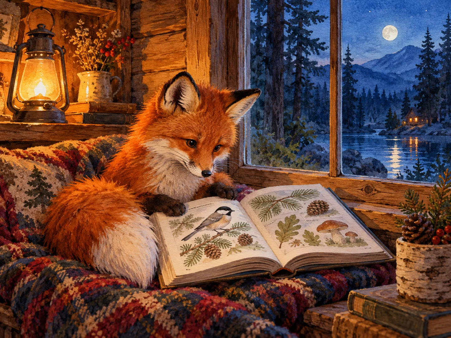 AI-generated watercolor concept of a fox reading by a woodland window