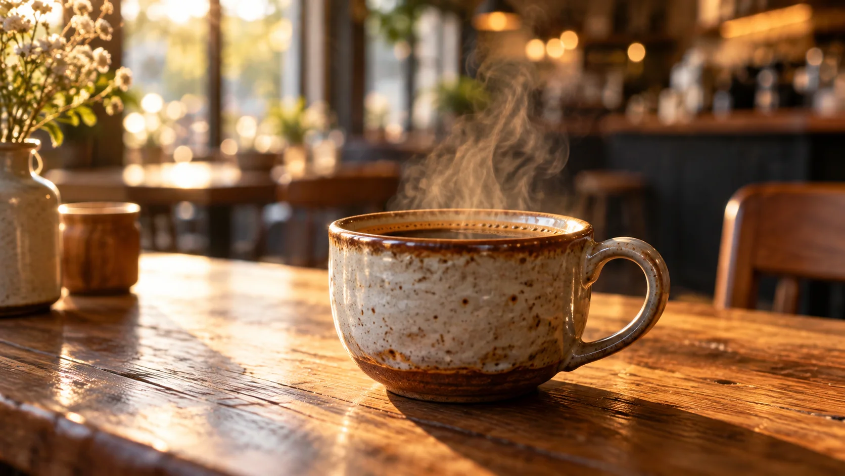 Sunlit ceramic coffee cup on a wooden cafe table, framed as an illustrative video scene concept