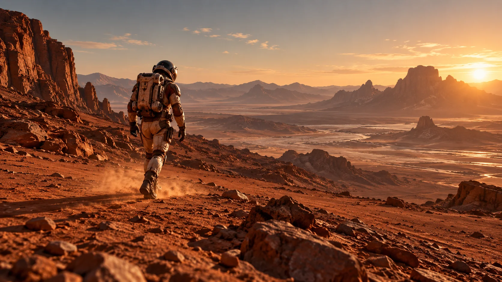 Astronaut walking across a desert landscape beneath a wide sky