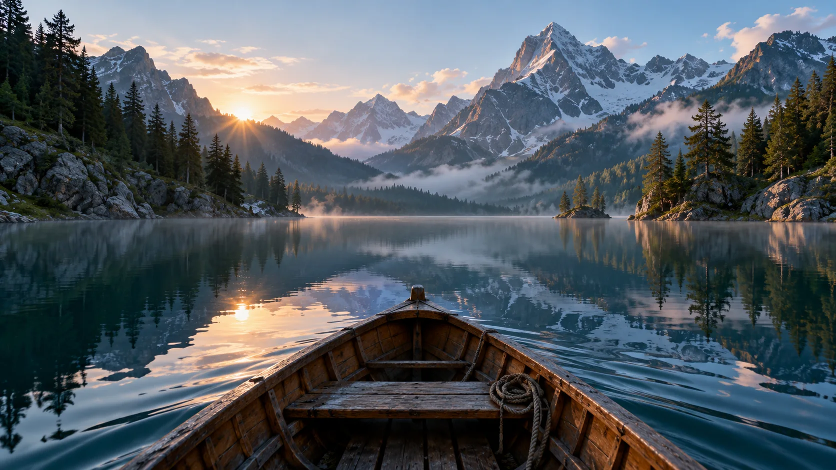 Small boat crossing an alpine lake beneath steep mountain peaks