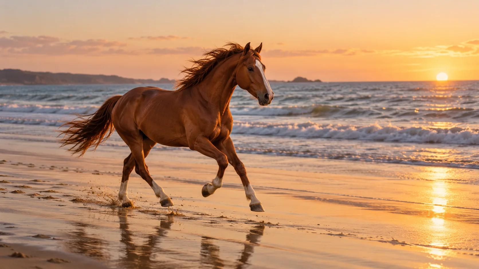 Horse running along a coastal shoreline at golden hour