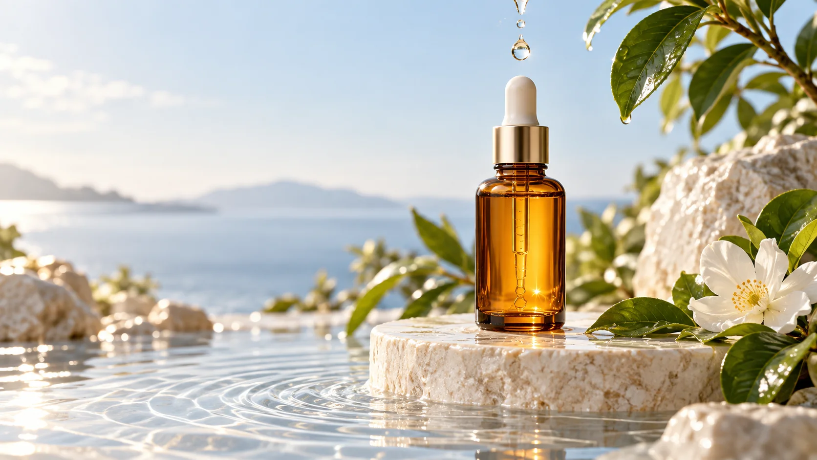 Serum bottle advertising concept with soft studio light and space for copy