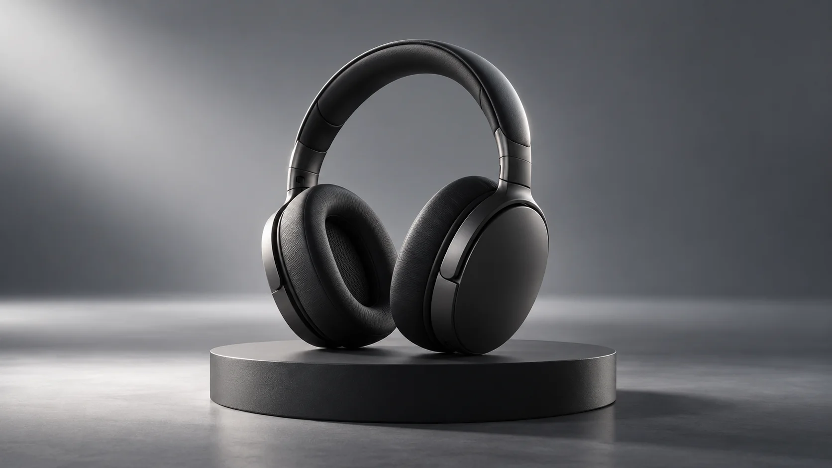Premium black headphones product concept against a dark studio background