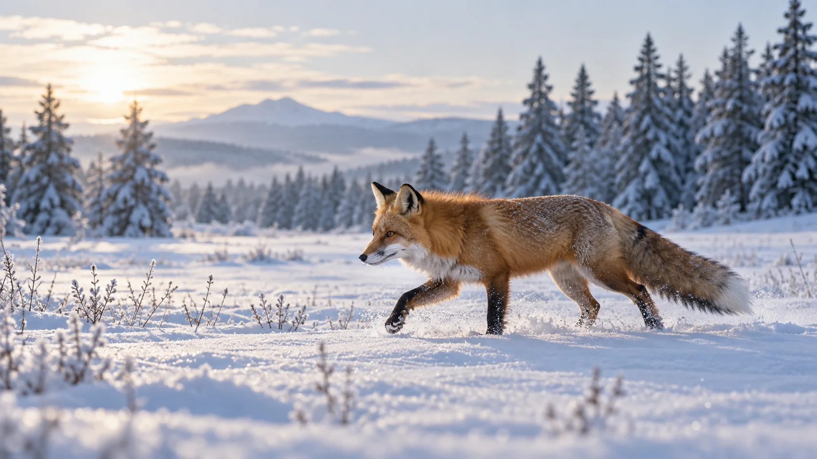Snow fox concept crossing a blue winter field